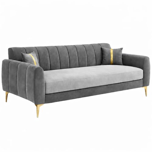Image of Hermione Luxe Velvet-Suede Fabric Dual Tone 3 Seater Sofa | Comfortable Seating | Modern Sofa for Living Room - Light Gray & Dark Gray