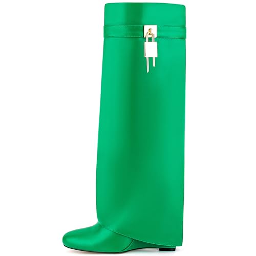 Image of Fold Over Knee High Boots for Women Pointy Pull-on Wedge Heel Knee Shark Boot With Side Zipper Covered Wedge Heel Padlock Boot