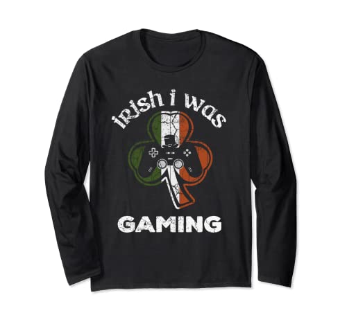 Irish I Was Gaming St Patricks Day Gamer Shamrock Videojuego Manga Larga