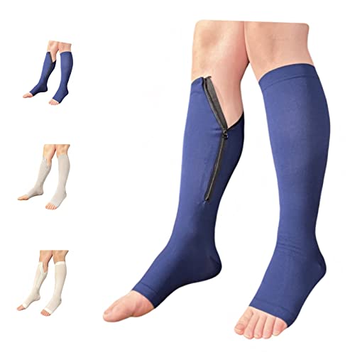 Image of Open Toe 15-20 mmHg Compression White Navy Gray Inside Leg Zipper Socks