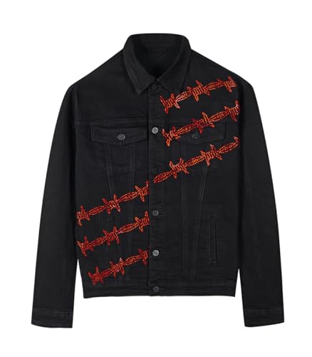 SHION7 Men's Denim Jacket, Slim Fit Streetwear Jean Jackets For Men, Fashionable Embellished Rhinestone Jeans Coat