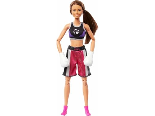 Barbie - Boxer Made to Move, bambola mora con guantoni e uniforme da pugile rimovibili, snodata e con 22 punti d'articolazione, giocattolo per bambini, 3+ anni, HRG40