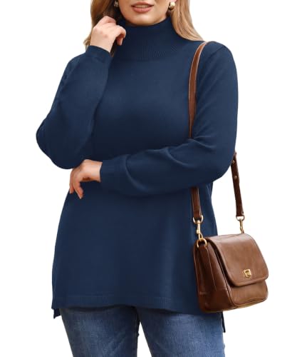 Image of CARCOS Plus Size Sweaters for Women Solid Turtleneck Sweater Long Sleeve Pullover Tops Casual Split Hem Knit Shirts