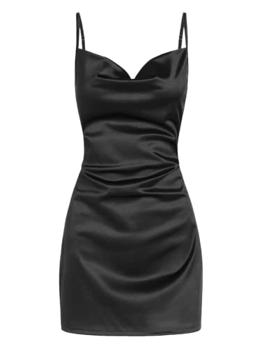 ZAFUL Damen Satin Ärmelloses Spaghettiträger Minikleid Sexy Unterkleid Wasserfallausschnitt Seidige Cocktail Party Kleider (Schwarz, M)