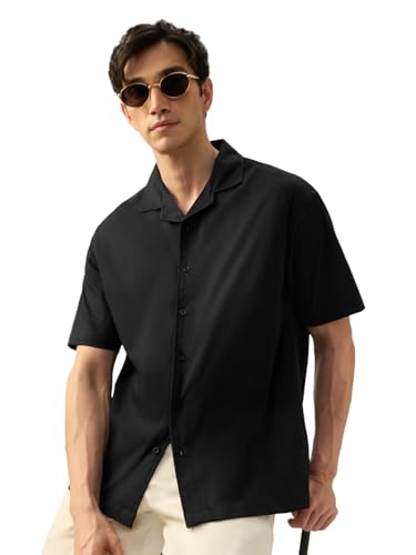 Image of The Souled Store: Seal Men and Boys Short Sleeve Cuban Collar Black Solid Polyester Casual Lightweight Drop Shoulder Streetwear Trendy Basic Oversized Shirt