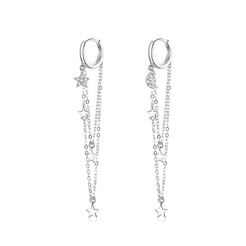 Delicate Cz Star Crescent Moon Sterling Silver Small Hoop Earrings For Women Girls Crystal Threader Tassel Chain Dangling Charm Tiny Star Drop Huggie Hoops Stud Earring Cute Jewelry Gifts #TOP10