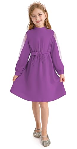 Girl Sheer Mesh Long Sleeve Mock Neck Tie Waist A line Dress for 6-14 Years2