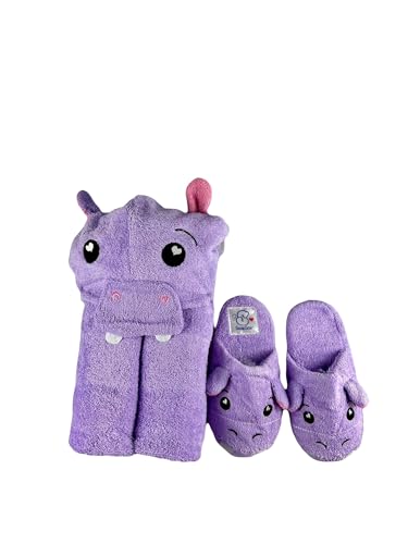 Image of SoapSox Hooded Towel & Slipper Set for Kids - Soft Cotton Towel w /Hand Pockets + Matching Slippers - 27x45 inch Gift Set