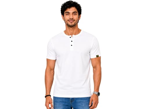 Image of LAZYCHUNKS Men's Modern Henley Neck T-Shirt | Premium Cotton Half Sleeve Casual Tee | Breathable Everyday Wear for Work, Travel, Weekend & Outdoor Activities