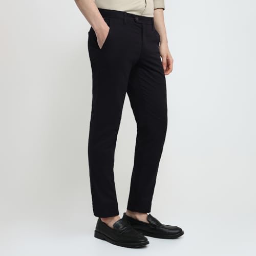 Image of Raymond Men Slim Fit Solid Pattern Cotton Elastane Blend Flat Front Casual Trouser