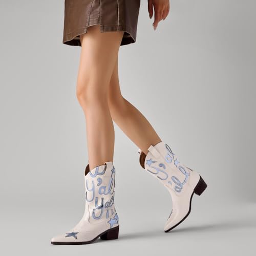 Image of Metallic Cowboy boots for Women Embroidered Mid Calf Womens Cowgirl Boots Western Pointed Toe Chunky Heel