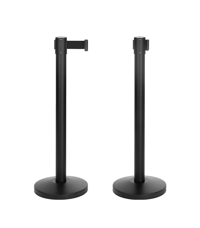 CASHDISPLAY - Pack 2 Postes Separadores con Cinta Extensible | Catenarias Eventos Estable y Resistente | Ideal para Fiestas y Comercios | 32cm diámetro x 2 m (Poste Negro 93cm, Cinta Negra)