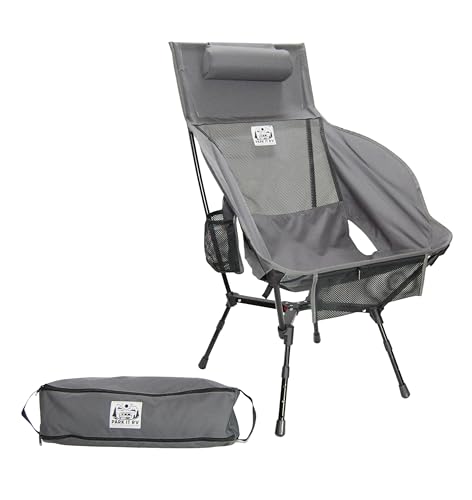 RV Camping or Beach Chair Small Collapsible Folding Compact Design with Adjustable Legs, Removable Head Cushion and Carrying Strap (Dark Gray)