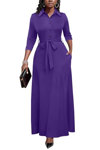 Image of Runwind Women Church Maxi Dresses 3 /4 Sleeve Button Down Print Casual Office Dress African