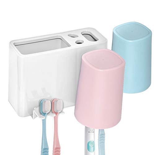 Toothbrush Holder, Wall Mounted Bathroom RV Accessories Organizer with 2 Cups for Electric Toothbrush Toothpaste Combs Razors Eyebrow Trimmers Facial Cleansers Storage