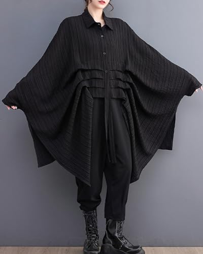 ellazhu Women's Long Batwing Sleeve Funky Inregular Hem High Low Button Down Shirt GZ1272