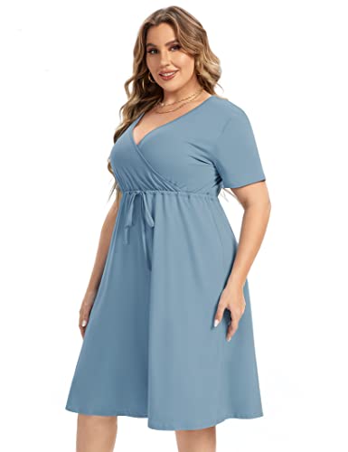 Image of ShopWonder Plus Size Dress Women's V Neck A-Line Knee Length Wrap Swing Dresses Plus Size A Line Party Mini Dress