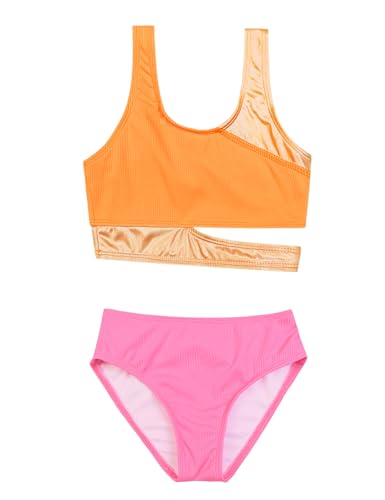 Image of Mirawsie Girls Swimsuit Bikini 2 Piece Set Patchwork Cut Out Split Sport Suits 6-14