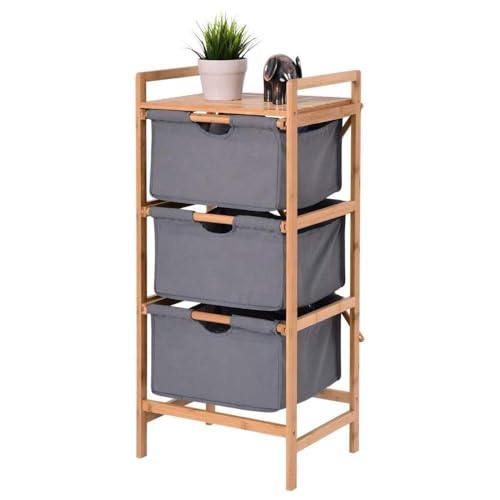 Image of Lukzer 3 Layer Vertical Bamboo Storage Shelf with Removable Fabric Drawers, Multipurpose Tall Organizer for Bathroom, Bedroom, Laundry, Living Room & Office, Space-Saving Wooden Rack, Grey (CH-011)