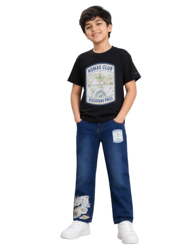 Image of KiddoPanti Boys Printed Co-Ords Set | 100% Cotton & Cottnon Spandex Woven | Drop Shoulder Tshirt with Jeans | Graphic Printed Design| Outerwear For Kids