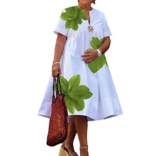 Veslyn Vestido Floral Midi De Verano Las Mujeres con Cuello En V Plisado Manga Corta Casual Suelto Impresión Elegante para Vacaciones-Light Green-s
