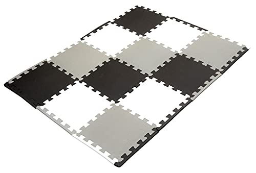 Edukit Tappetino in Gomma EVA; 12 Pezzi e 14 Bordi; 30,5 x 30,5 cm; Nero, Grigio, Bianco - Piastrelle ad Incastro Antiscivolo per pavimento Casa, Palestra, Sala giochi