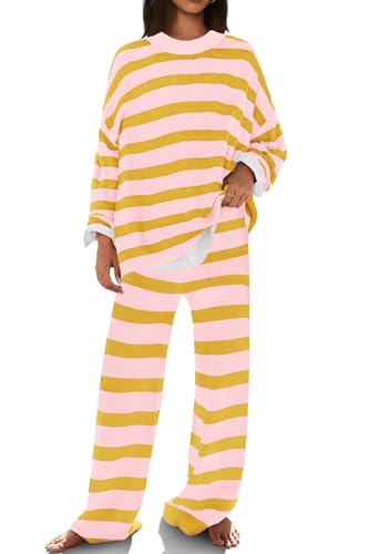 Image of SENSERISE Womens Striped Set Sweater Lounge Sets | Pajamas Set, Loungewear Set, Oversized Knit Sweater, Wide Leg Pants with Pockets, Fall Outfits, Pants Set
