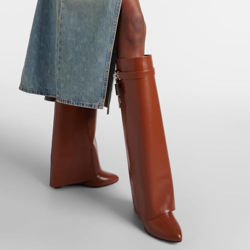 Image of Arqa Knee High Boots Womens Wedge High Heels Shark Boots Fold Over Pull-on Pointed Toe Tall Fashion Boots for Women