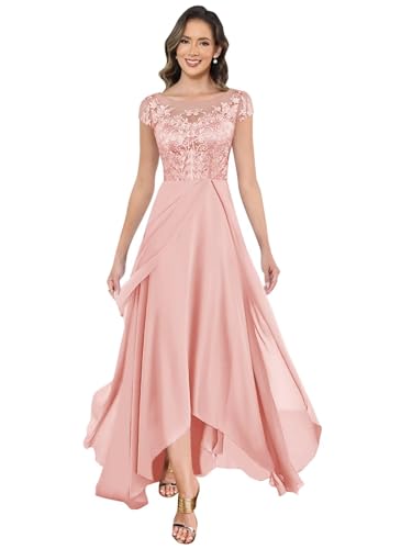 Mother of The Bride Dresses for Wedding Bateau Neck A Line Tea Length Lace Chiffon Womens Formal Dress