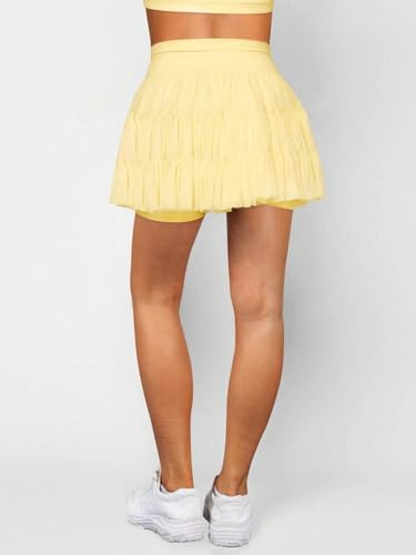 EARKOHA 2025 Skirts for Women High Waist Tie Pleated Solid Color Mini Skirt with Pockets Yellow M2