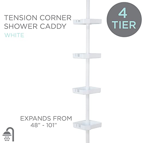 Bath Bliss 4 Tier Tensions Corner Shower Caddy | Shelves| Adjustable 48“-101”| Bathroom Organizer| Bathtub And Shower Stall| Holds Large Bottles| Soap| Shampoo| Washcloths| Matte White. #TOP1