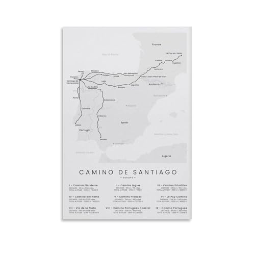 Spain Camino De Santiago Pilgrim Path Map Poster Trekking Route Illustration Travel Wall-Art For Man Cave Office(Framed,12x18inch(30x45cm))