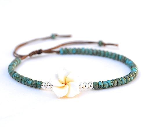 Boho Beaded Anklet for Women and Teen Girls, Unique Bohemian Turquoise and Sterling Silver Beaded Anklet with Hawaii Hawaiian Plumeria Flower, Handmade by Tribes (Turquoise)