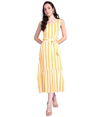 Image of POPWINGS Women Casual Blue & White Stripe Long Belt Dress Dress | Stylish Dress | Trendy Dress