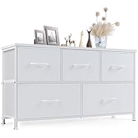 Sweetcrispy Dresser for Bedroom with 5 Storage Drawers, Fabric Storage Tower Organizer, Chest of Drawers with Metal Frame Wooden Top for Closet, Living Room, Entryway, White
