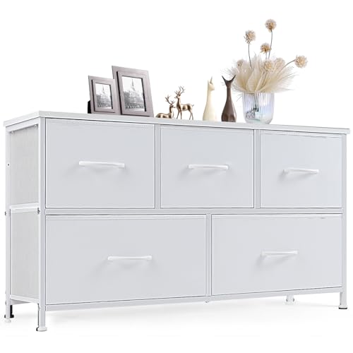 Sweetcrispy Dresser for Bedroom with 5 Storage Drawers, Fabric Storage Tower Organizer, Chest of Drawers with Metal Frame Wooden Top for Closet, Living Room, Entryway, White