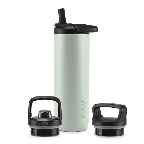 Image of ZULU Base 24oz Stainless Steel Water Bottle with 3 Lids- Straw, Chug, Twist | Double Walled and Vacuum Insulated Metal Thermos | Fits Car Cupholder, Built in Carry Loop, Dishwasher Safe, Sage