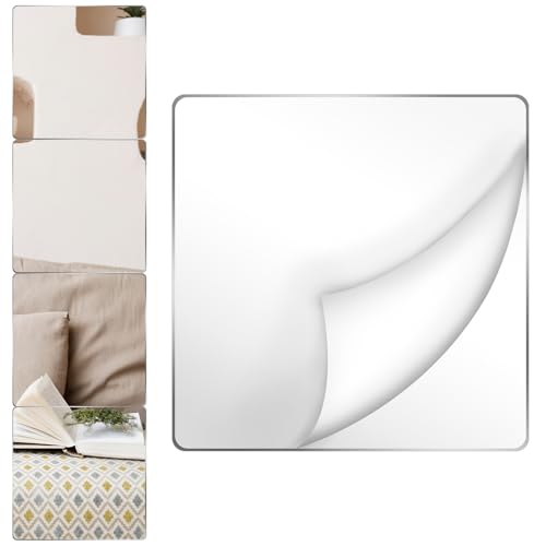 Azulejos de espejo autoadhesivos, 4 piezas de 8 x 8 pulgadas, espejos cuadrados para pared, espejos pequeños flexibles sin marco para dormitorio, sala de estar, baño, gimnasio, puerta, decoración de