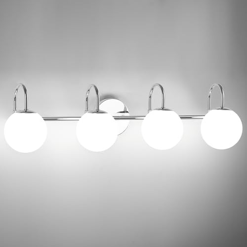 Image of Chrome Mid Century Modern 4-Light Bathroom Light Fixtures Over Mirror, Vanity Wall Sconces With Globe Frosted Milk Glass