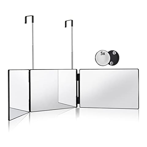 HIEEY 3 Way Mirror for Hair Cutting,360 Trifold Mirror with Height Adjustable Telescoping Hooks,and 5X Magnification Mirror,for Makeup, Hair Styling Cover