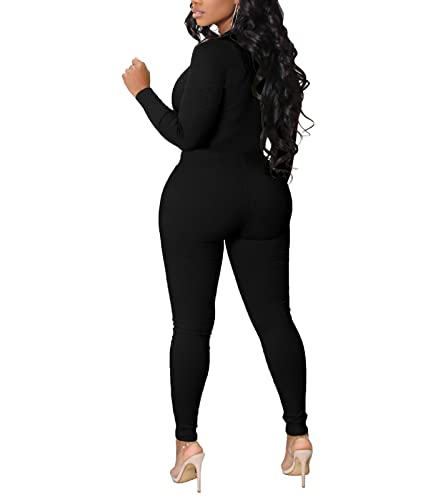 Ophestin Women Solid Color Zipper Mock Neck Long Sleeve Ribbed Bodycon Jumpsuits Black L #TOP1