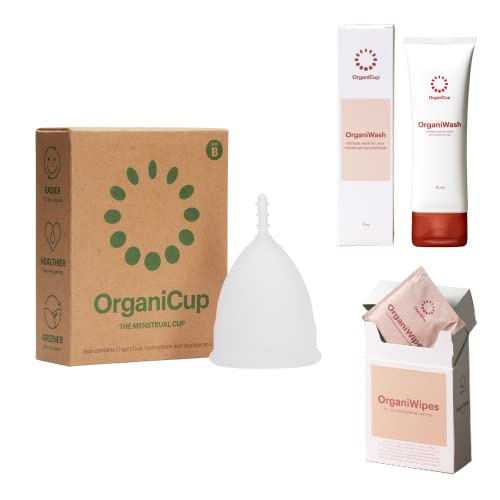 OrganiCup Menstrual Bundle - Reusable Soft Foldable Menstrual Cup Size B & Inmate Cleansing Soap & Menstrual Cup Wipes 10pcs. Period Cup for Light to Heavy Flow - Ultimate Essential Period Kit