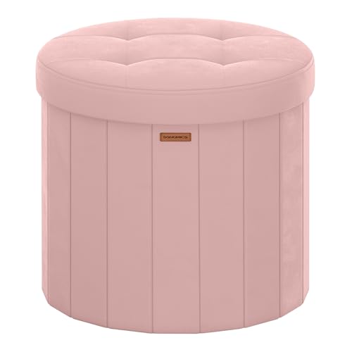 SONGMICS Mazie Colección - Banco Redondo, Taburete Reposapiés Plegable con Tapa Extraíble, Montaje Fácil, Puff de Terciopelo para Dormitorio, Sala de Estar, Entrada, Rosa Jalea LSF608R01