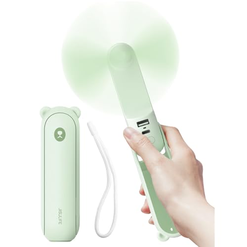 JISULIFE Handventilator Mini Ventilator 3 IN 1, mit 4500 mAh Powerbank USB Akku Klein, Batteriebetrieben Max 37Hrs Runtime Tragbarer Ventilator, Taschenlampen Funktion-Grün 1
