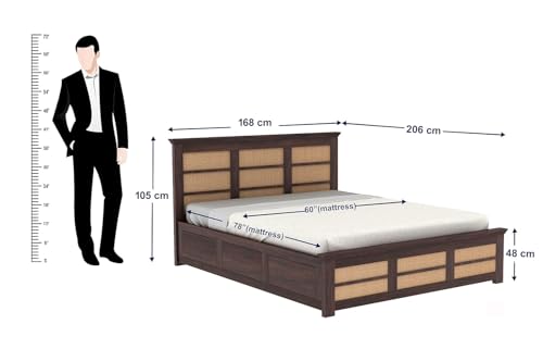 Image of Ganpati Arts Solid Sheesham Wood Queen Size Cane Bed with Hydraulic Storage | Solid Wooden Double Bed Cot Bed with Box with Headboard (Walnut Finish)