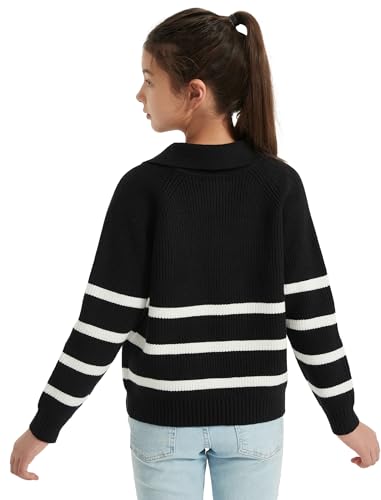 EXARUS Girls Striped/Solid Sweaters Relaxed Fit Kids Quarter Zip Casual Warm Long Sleeve Knit Tops Teen 6-12Y4