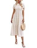Zeagoo Women's Boho Ditsy Floral Print Casual Dress with Sleeves Smocked Waist A Line Maxi Dress Apricot