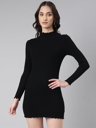 Image of SHOWOFFFF Women Solid Bodycon Casual Dress | High Neck Half Sleeves Knitted Dress for Womens | Above Knee Dress for Women's