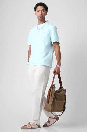 Image of Peter England Men's Casual Half Sleeve Resort Collar Shirt in 100% Cotton Seersucker with Striped Design