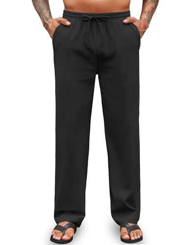 COOFANDY Men's Casual Cotton Pants Elastic Waist Drawstring Linen Beach Summer Pants Lightweight Yoga Trousers